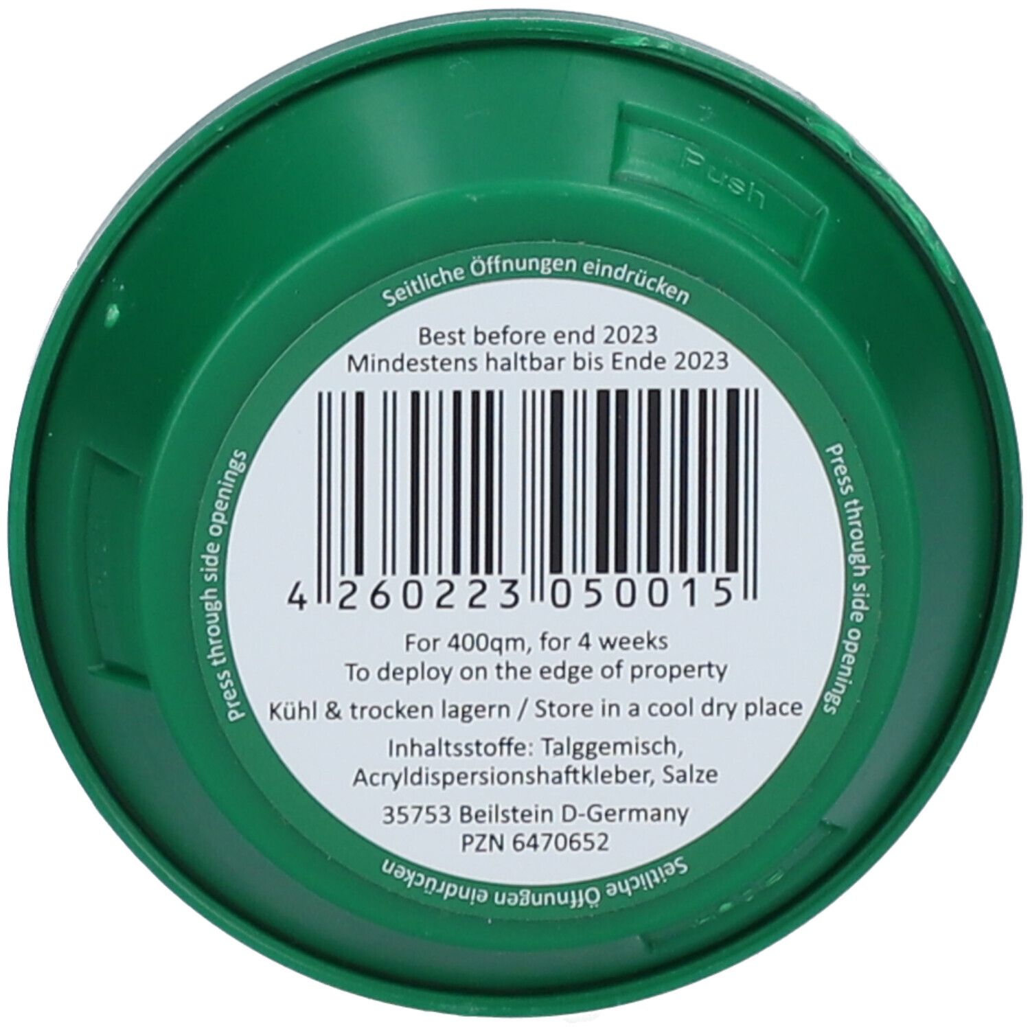 Couvercle vert avec code-barres et texte. Texte : A consommer de préférence avant fin 2023. Texte : Pour 400m², pendant 4 semaines. Texte : Conserver au frais et au sec.