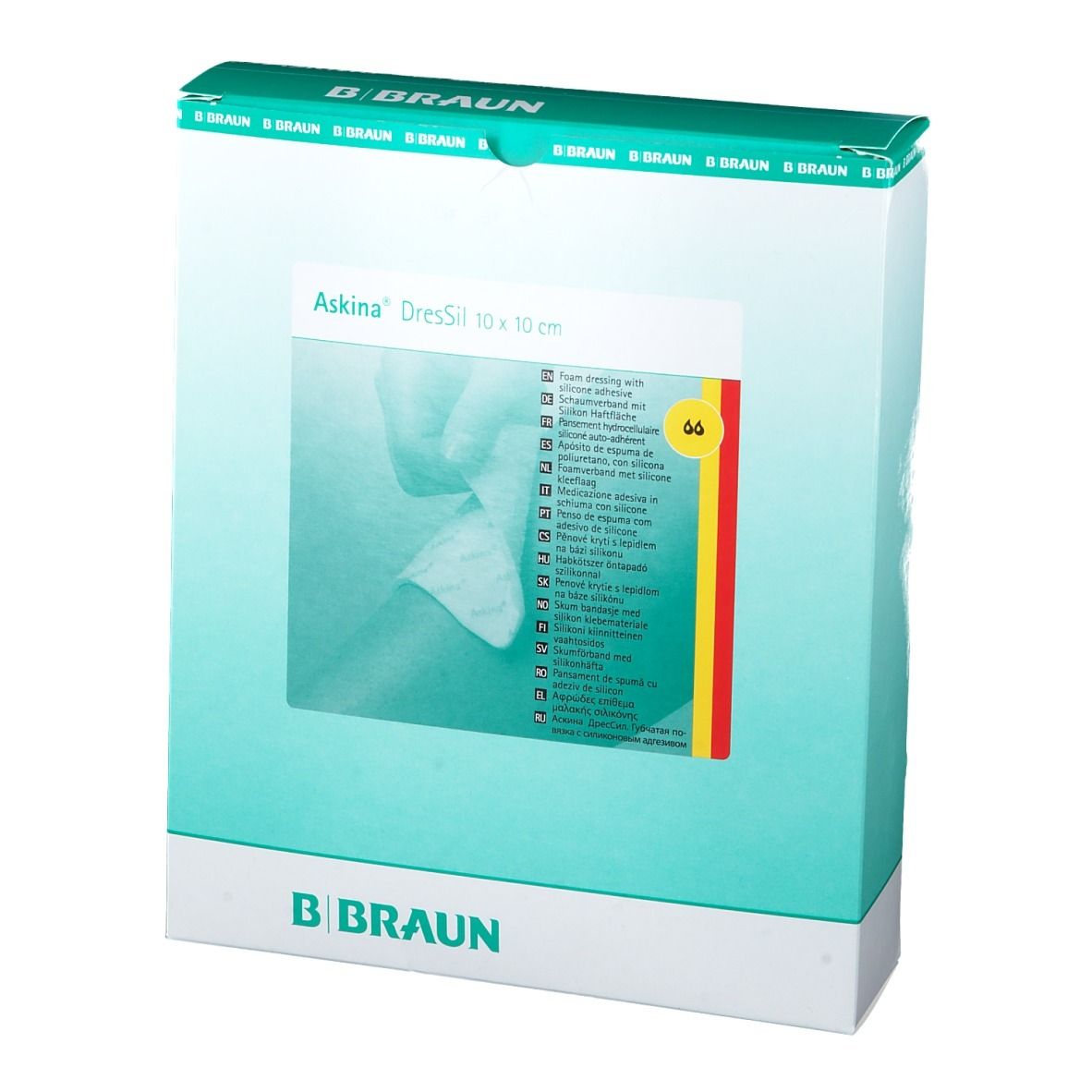 Verpackung von Askina Dressil 10 x 10 cm. B. Braun-Logo. Produktabbildung und Text auf der Verpackung.