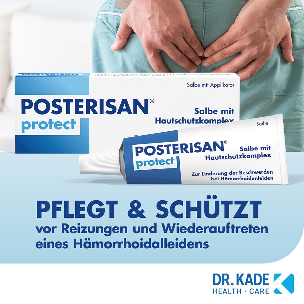 La crème Posterisan protect soigne et protège en cas d'hémorroïdes. Avec logo Dr. Kade.