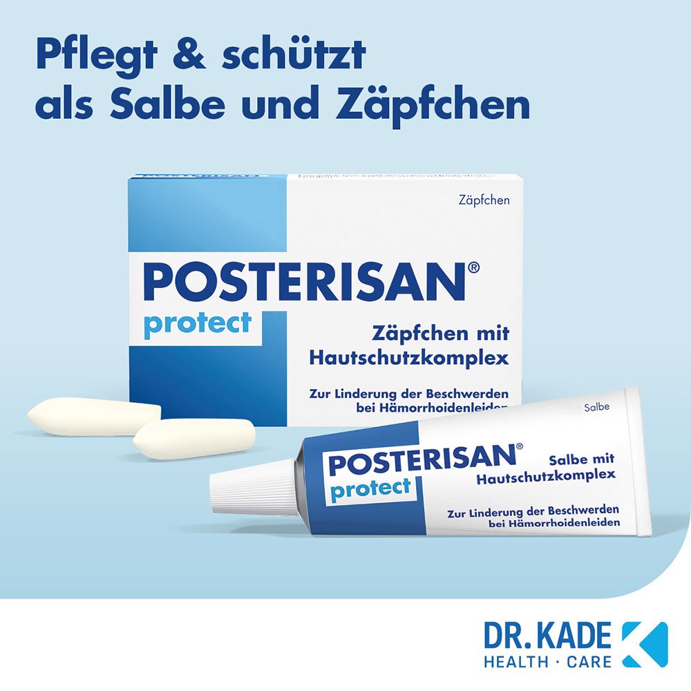 Crème et suppositoires Posterisan protect pour soulager les hémorroïdes.