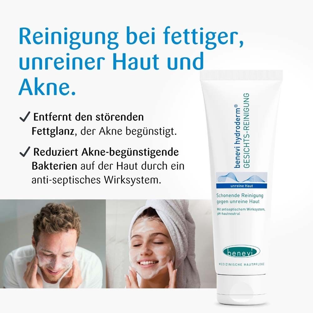 Image publicitaire avec benevi hydroderm Gesichts-Reinigung. Texte: Nettoyage pour peau grasse, impure et acné. Deux personnes utilisent le produit.