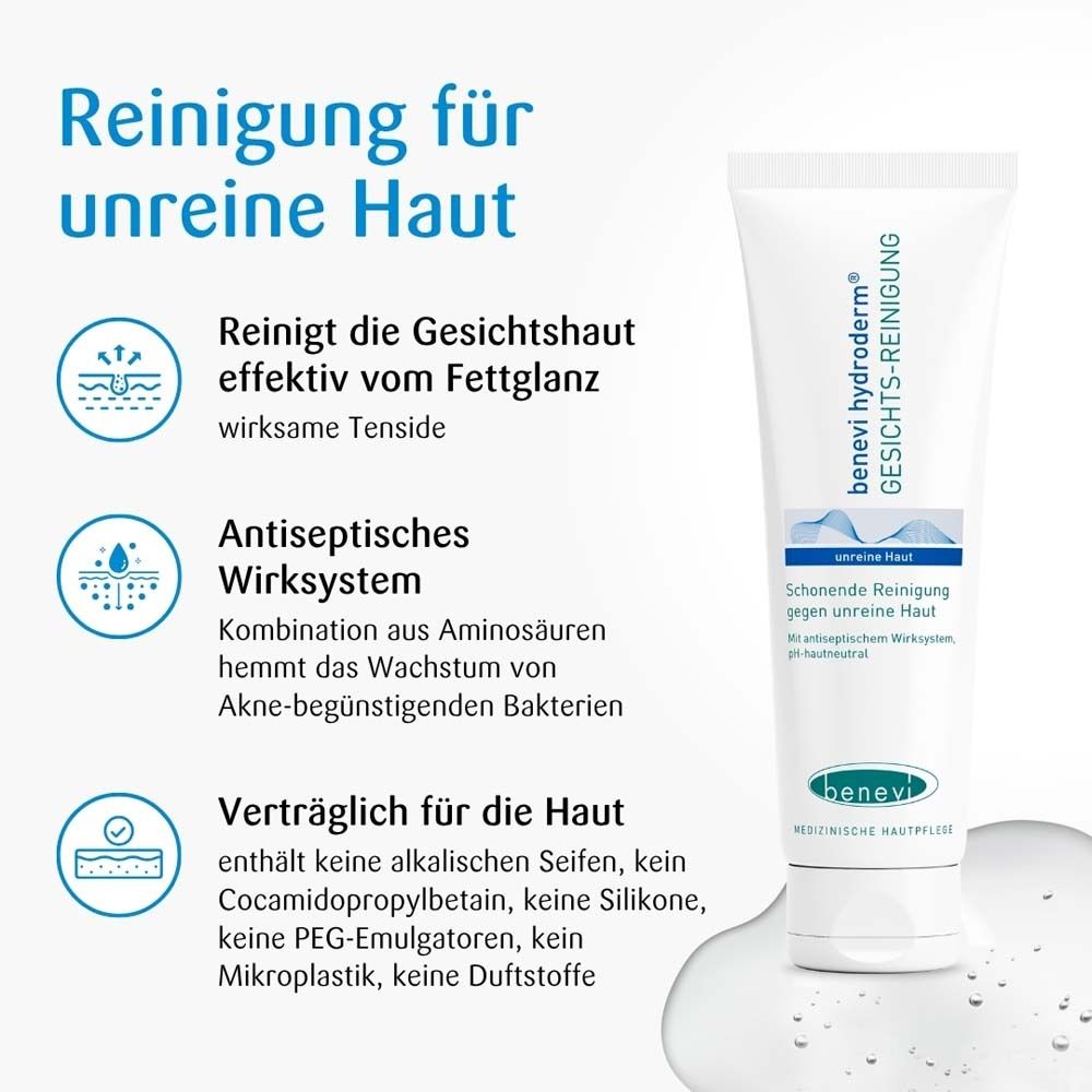 Image publicitaire avec benevi hydroderm Gesichts-Reinigung. Texte: Nettoyage pour peau impure. Informations sur le produit et illustrations.