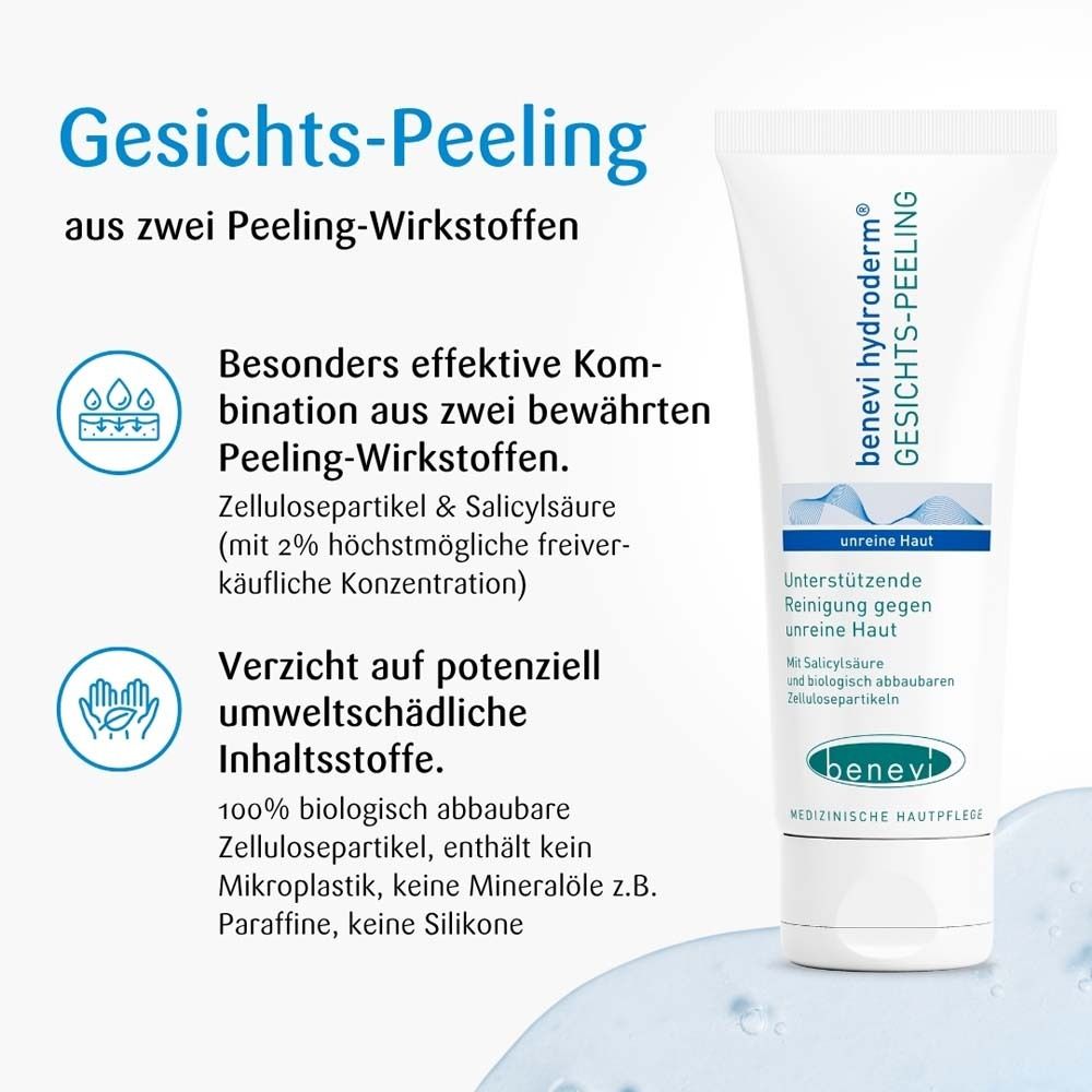 Produkt-Tube neben Text. Text: Gesichts-Peeling aus zwei Peeling-Wirkstoffen. 100% biologisch abbaubare Zellulosepartikel.