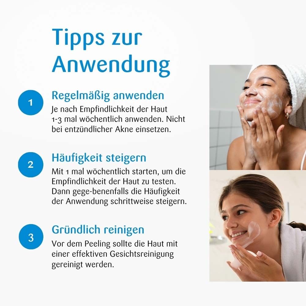 Produkt-Tube neben Text und Bildern. Text: Tipps zur Anwendung. Bilder: Frauen beim Auftragen und Reinigen des Peelings.