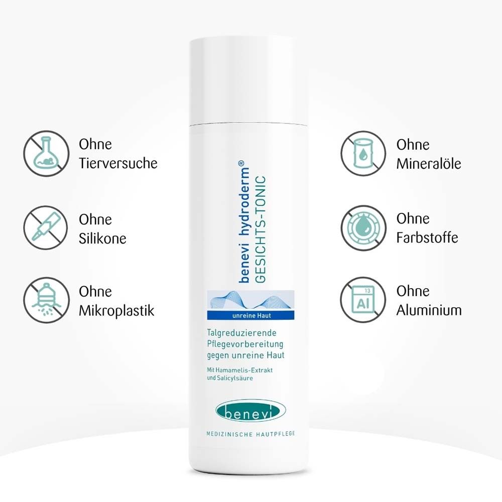 Gesichts-Tonic mit Symbolen: Ohne Tierversuche, Silikone, Mikroplastik, Mineralöle, Farbstoffe, Aluminium.