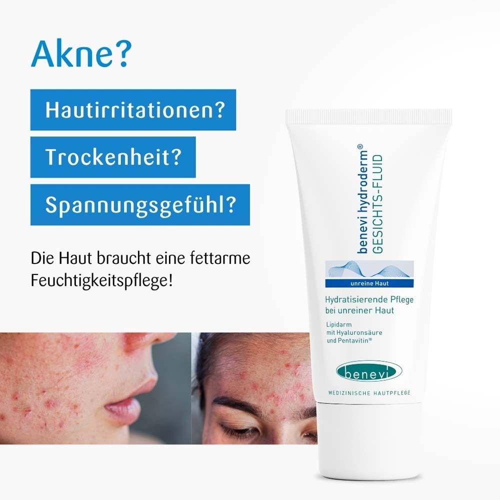 Tube de produit à côté du texte. Texte : Acné ? Irritations cutanées ? Sécheresse ? Sensation de tiraillement ? La peau a besoin d'hydratation !