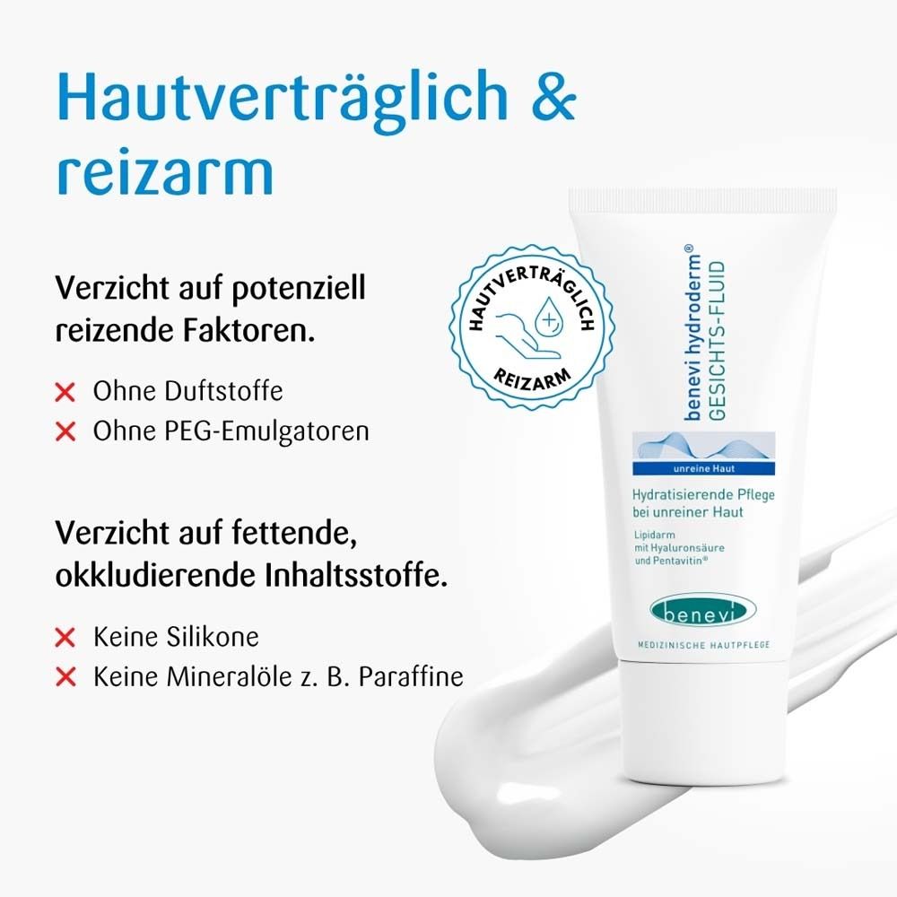 Tube de produit à côté du texte. Texte : Tolérance cutanée et faible irritation. Sans parfum, sans émulsifiants PEG. Sans silicones, huiles minérales.