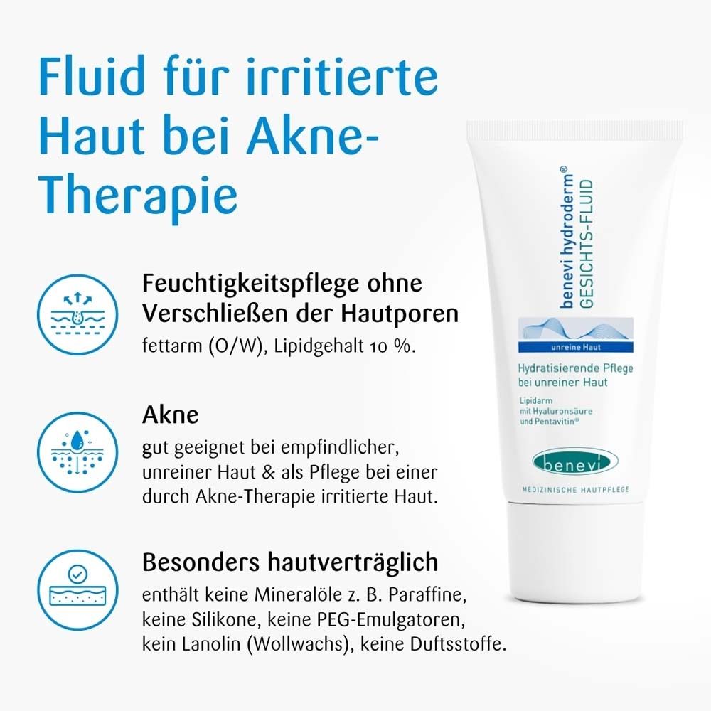 Tube de produit à côté du texte. Texte : Fluide pour peaux irritées en cas de traitement de l'acné. Sans huiles minérales, silicones, PEG, lanoline, parfums.