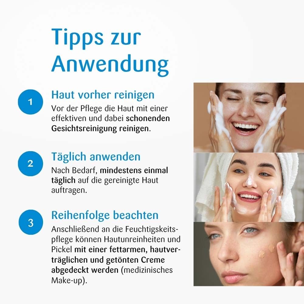 Trois images montrent les étapes d'application. Texte : Nettoyer la peau, appliquer quotidiennement, respecter l'ordre. Maquillage médical.
