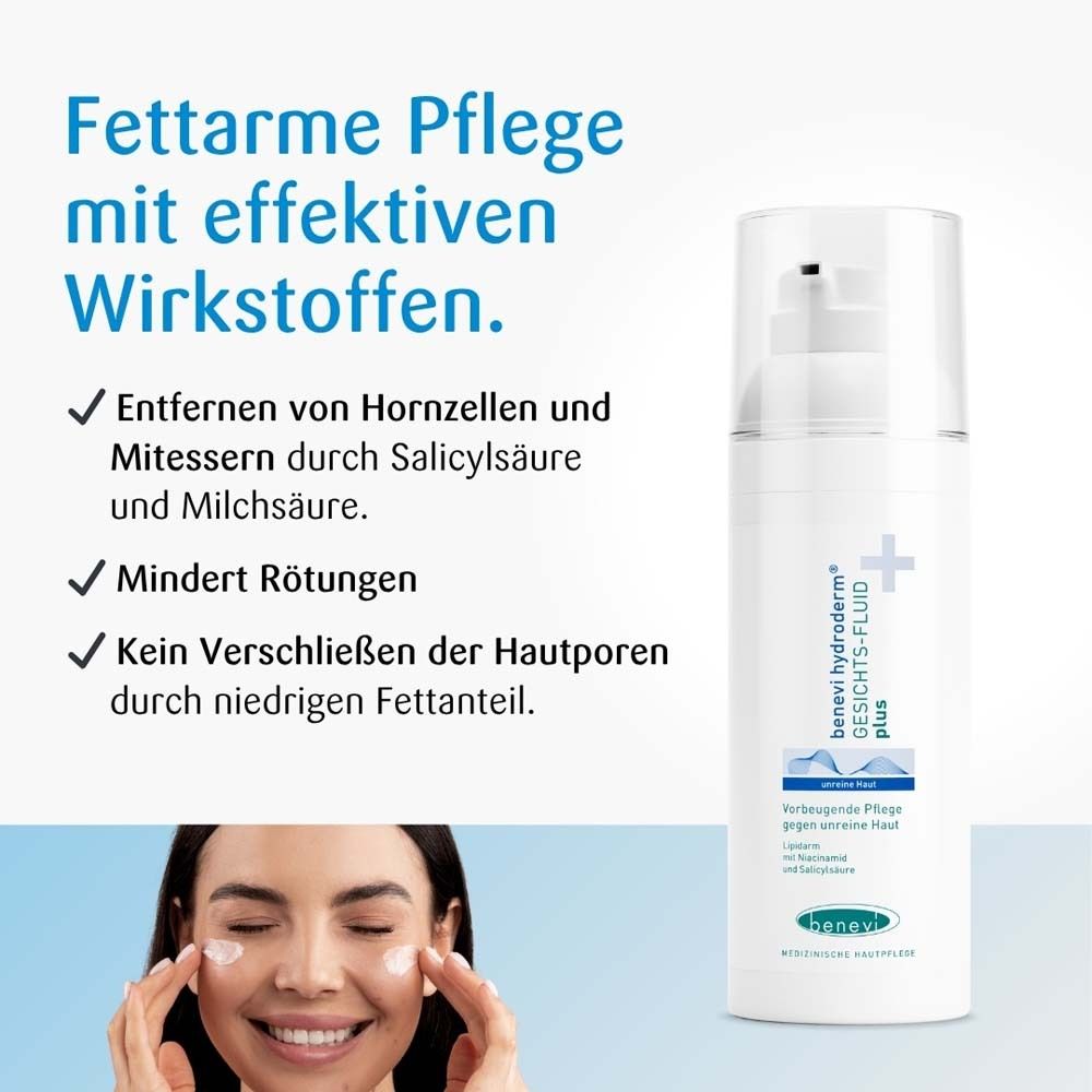 benevi hydroderm Gesichts-Fluid plus. Frau trägt das Produkt auf. Text: fettarme Pflege mit effektiven Wirkstoffen.