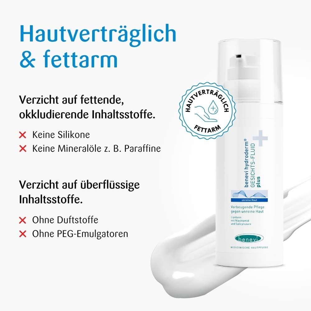 benevi hydroderm Gesichts-Fluid plus. Text: Hautverträglich & fettarm. Ohne Silikone, Mineralöle, Duftstoffe.