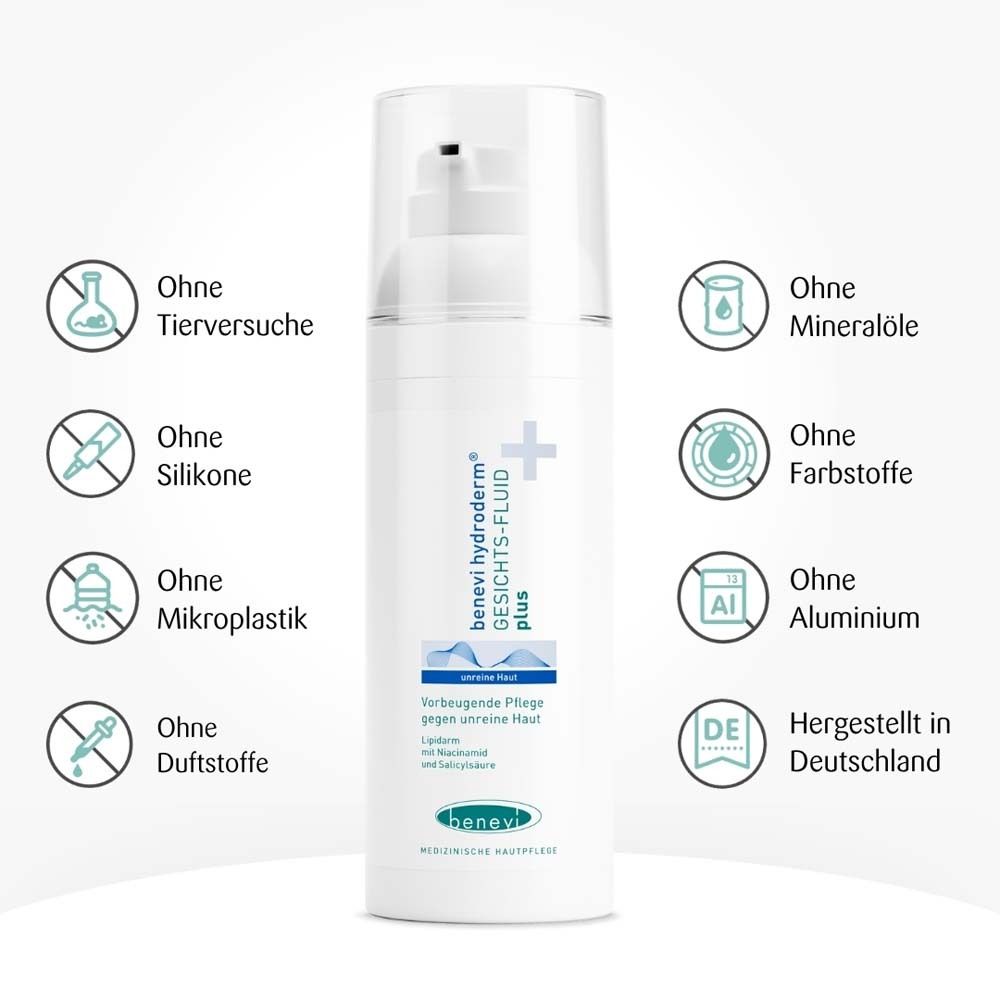 benevi hydroderm Gesichts-Fluid plus. Produkt mit Symbolen: ohne Tierversuche, Silikone, Mikroplastik, etc.