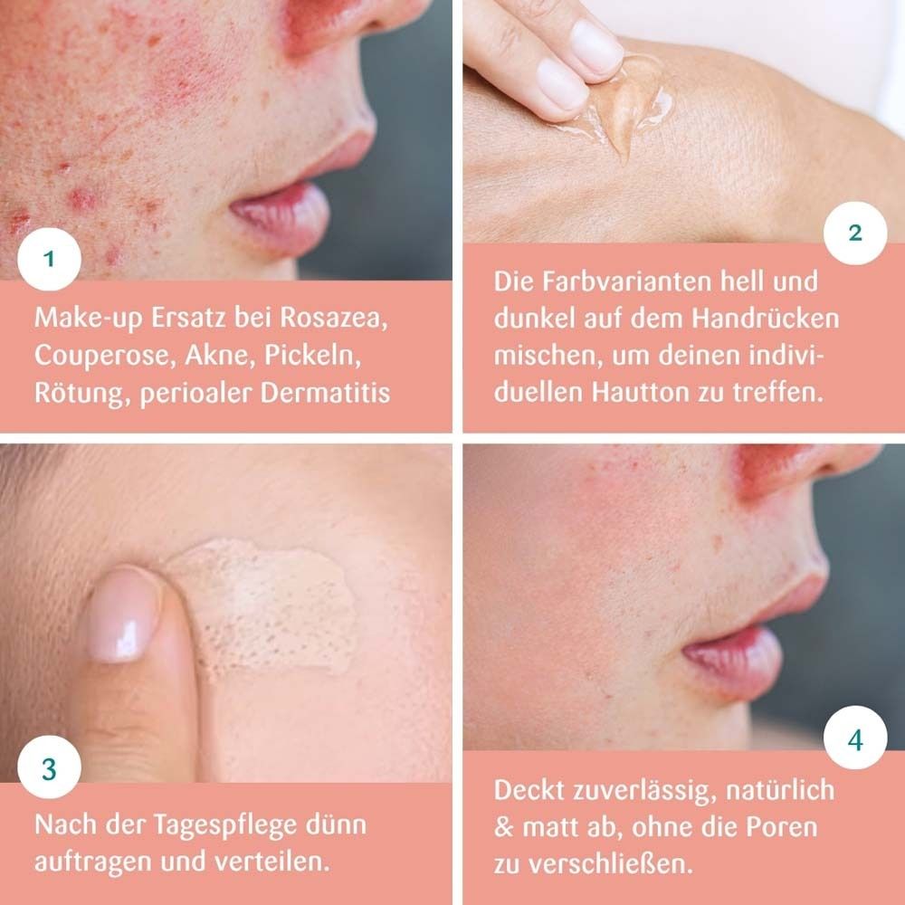 Vier Bilder zeigen Anwendung von benevi color Pigmentcreme hell. Text: Make-up Ersatz, ohne Poren zu verschließen.