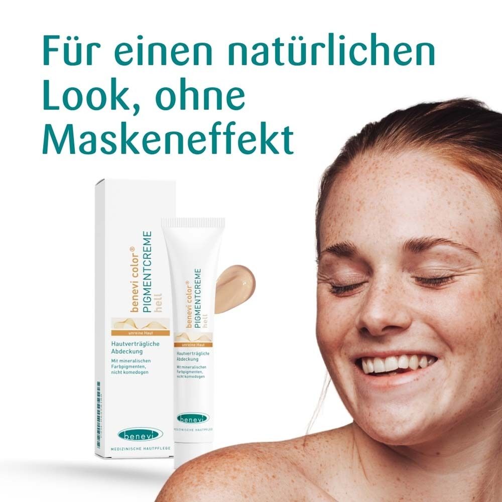 Frau mit Sommersprossen. Daneben Tube und Verpackung von benevi color Pigmentcreme hell. Text: Natürlicher Look.