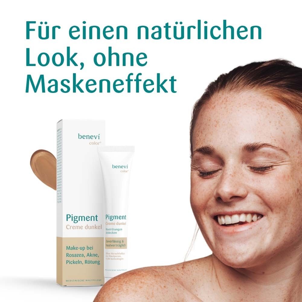 Frau mit Hautunreinheiten. BENEVI COLOR® Pigmentcreme dunkel und Verpackung.