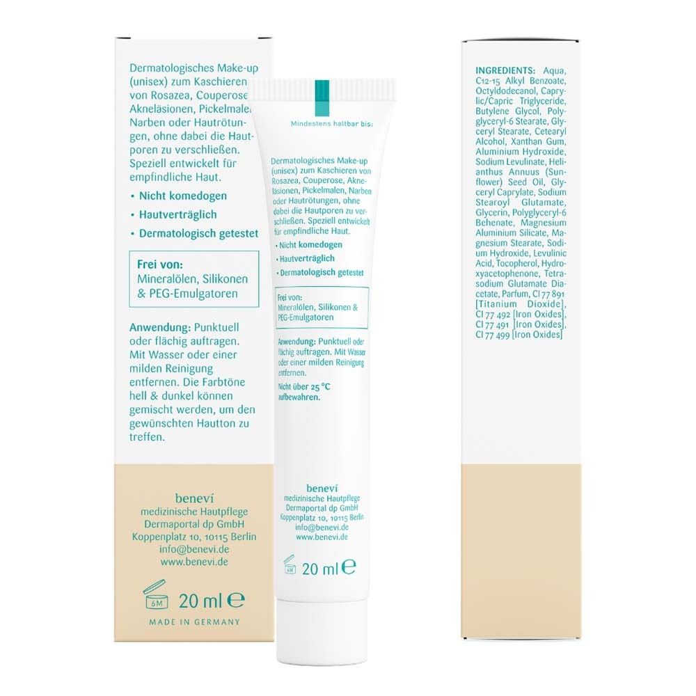 Rückseite der Tube von BENEVI COLOR® Pigmentcreme dunkel. Inhaltsstoffe und Informationen.