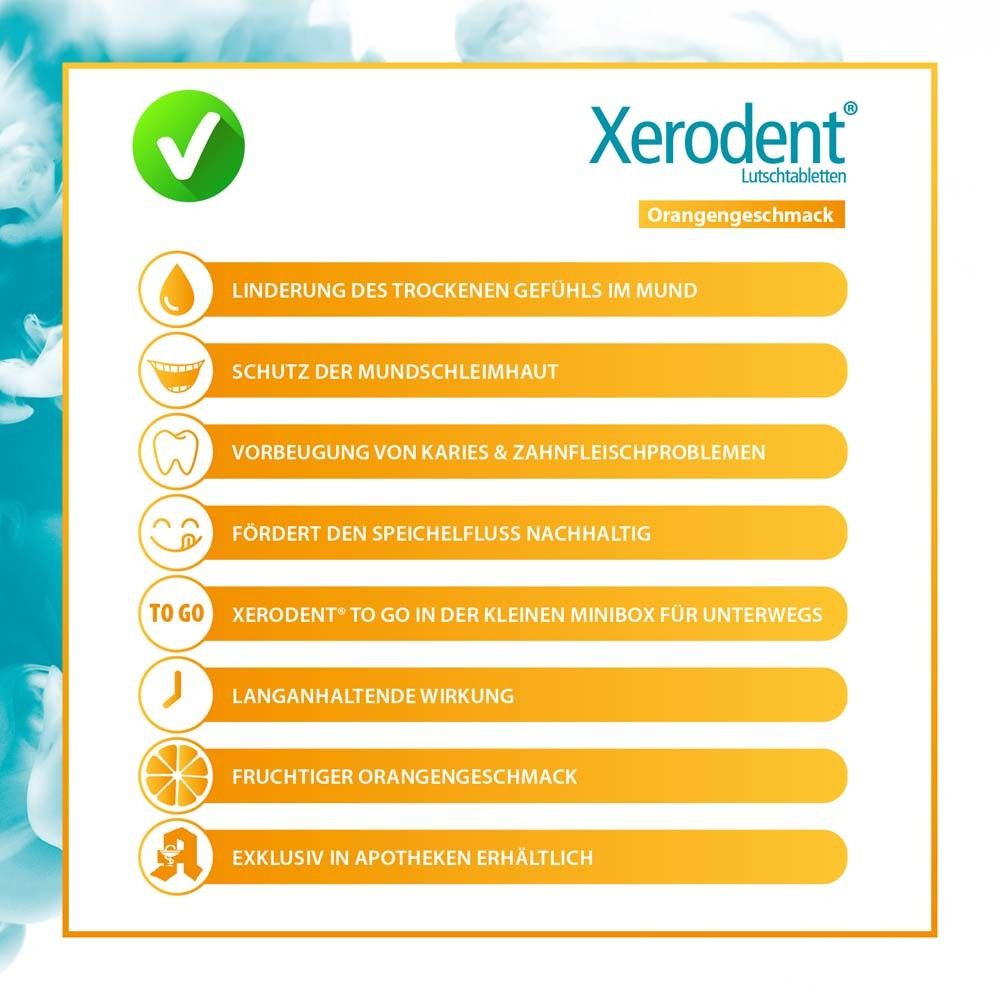 Infographie avec les avantages de Xerodent : Soulagement, protection, prévention, flux salivaire, effet, goût, pharmacie.