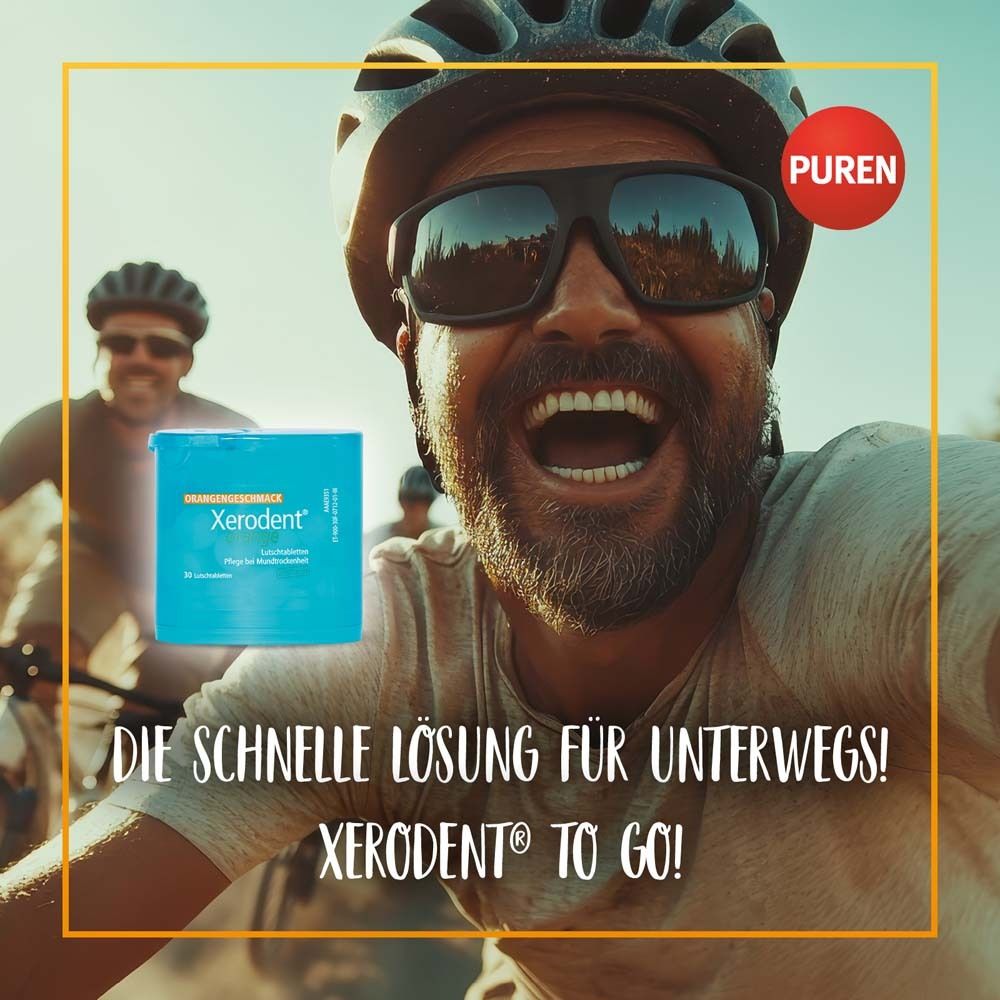 Un homme avec des lunettes de soleil et un casque rit. Paquet Xerodent To Go. Texte : La solution rapide pour les déplacements !