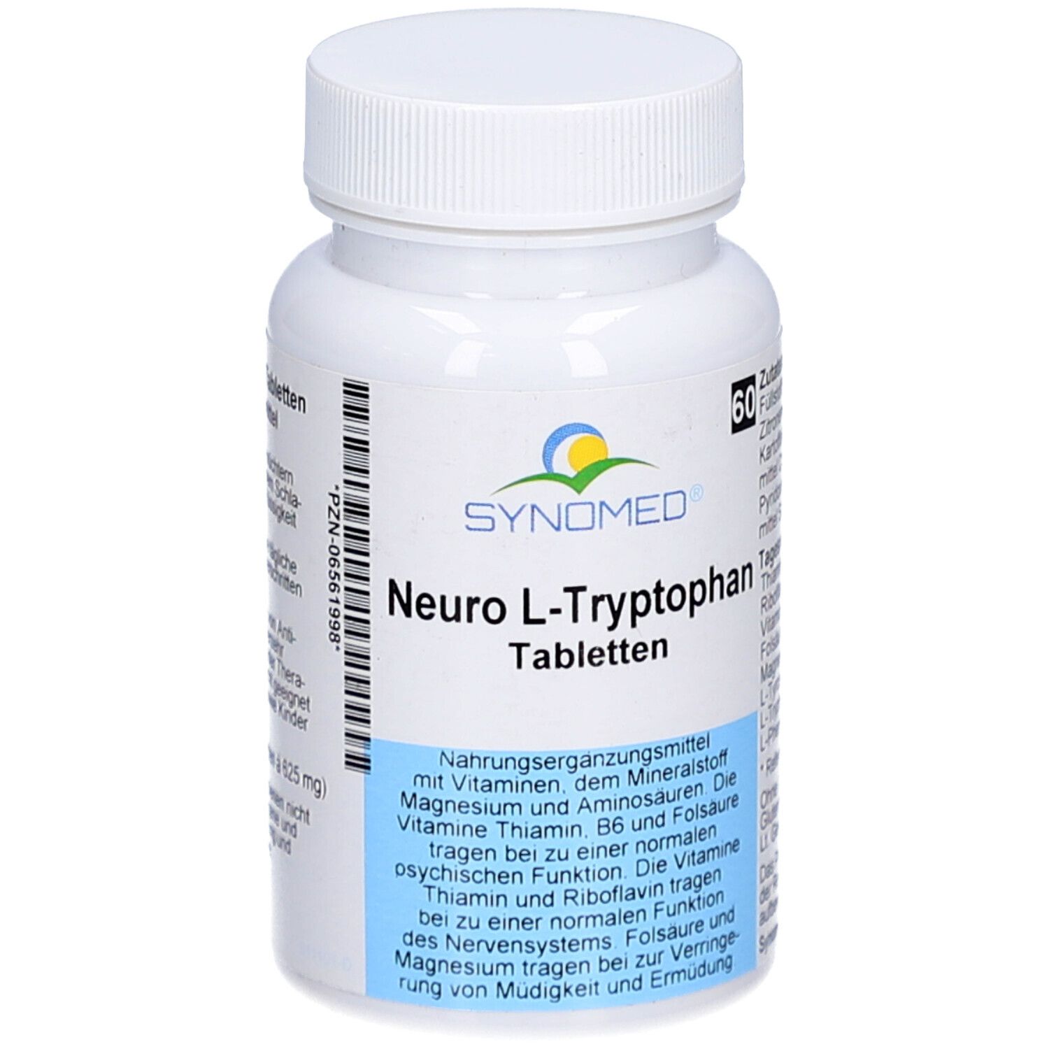 Weiße Tablettenflasche mit blauem Etikett. Aufschrift: SYNOMED Neuro L-Tryptophan Tabletten. Enthält 60 Tabletten.