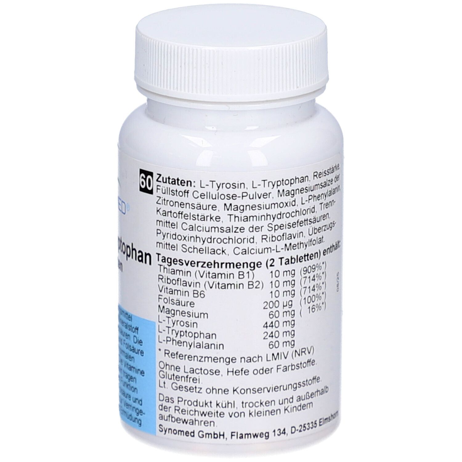 Weiße Tablettenflasche mit blauem Etikett. Aufschrift: SYNOMED Neuro L-Tryptophan Tabletten. Enthält 60 Tabletten. Zutatenliste und Nährwerte.