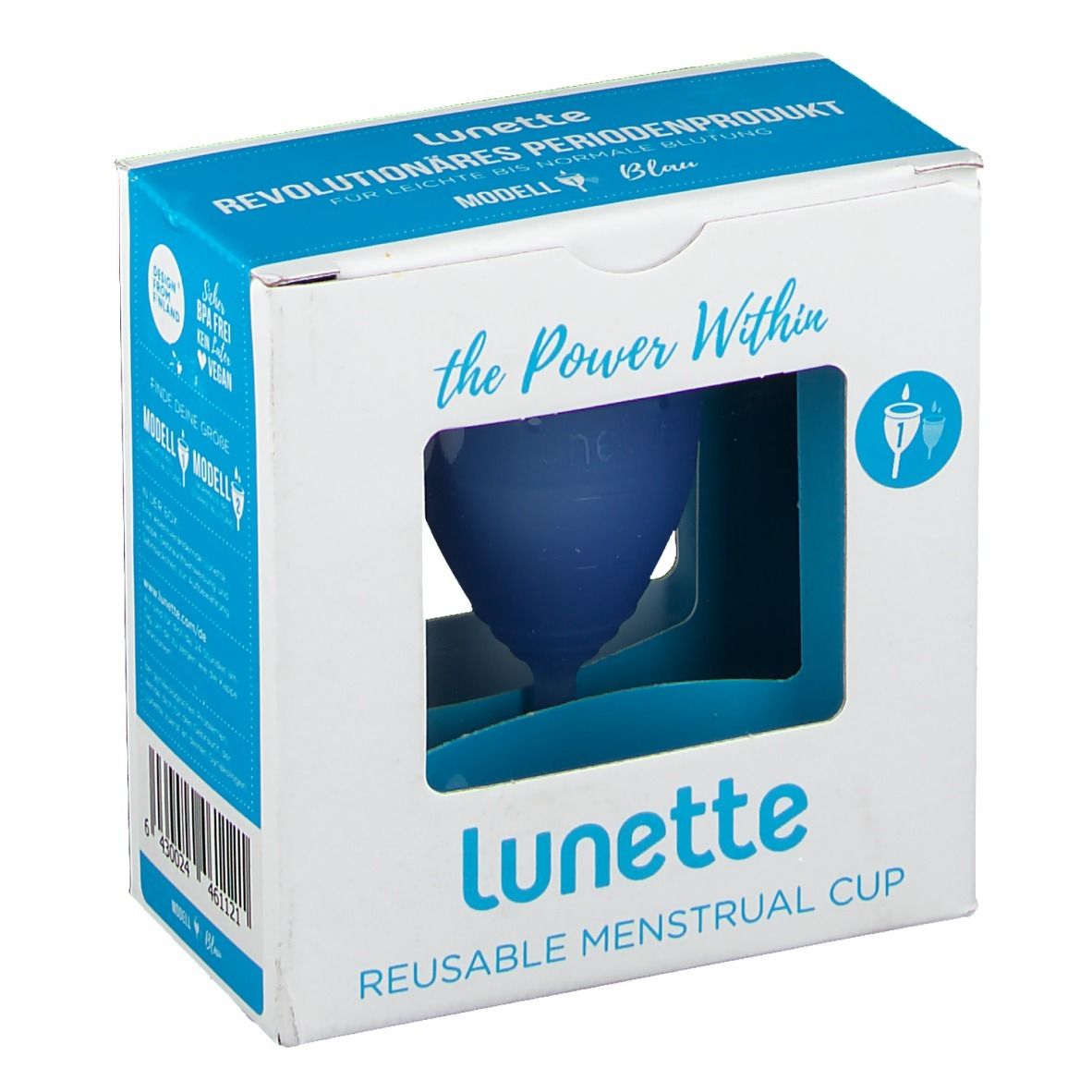 Emballage de la coupe menstruelle Lunette. Coupe bleue dans la fenêtre. Texte: Lunette, coupe menstruelle réutilisable.