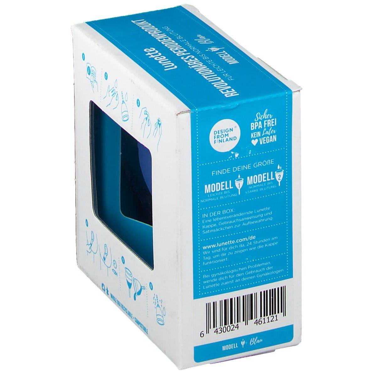 Emballage de la coupe menstruelle Lunette. Coupe bleue dans la fenêtre. Texte: Lunette, coupe menstruelle réutilisable. Détails.