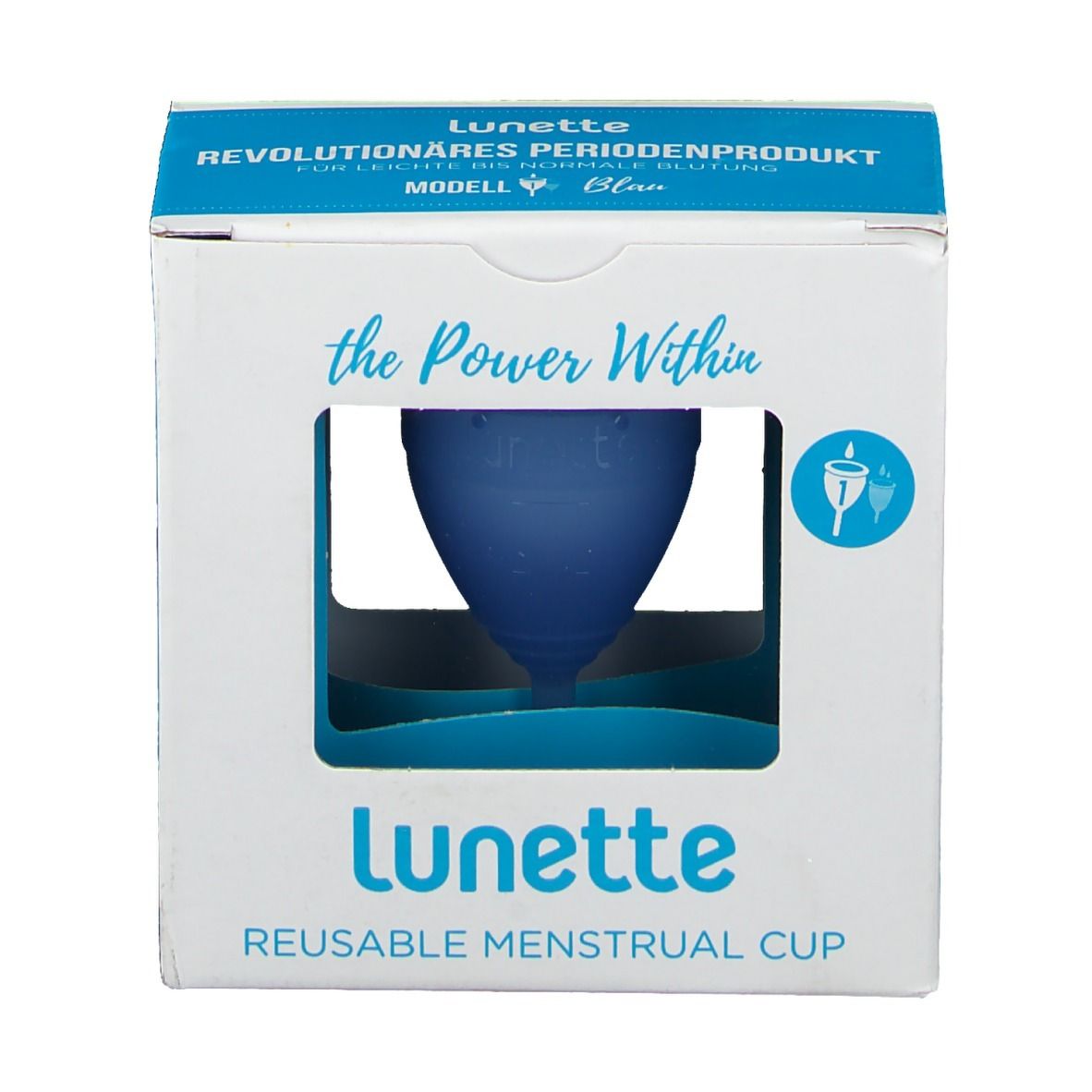 Emballage de la coupe menstruelle Lunette. Coupe bleue dans la fenêtre. Texte: Lunette, coupe menstruelle réutilisable.