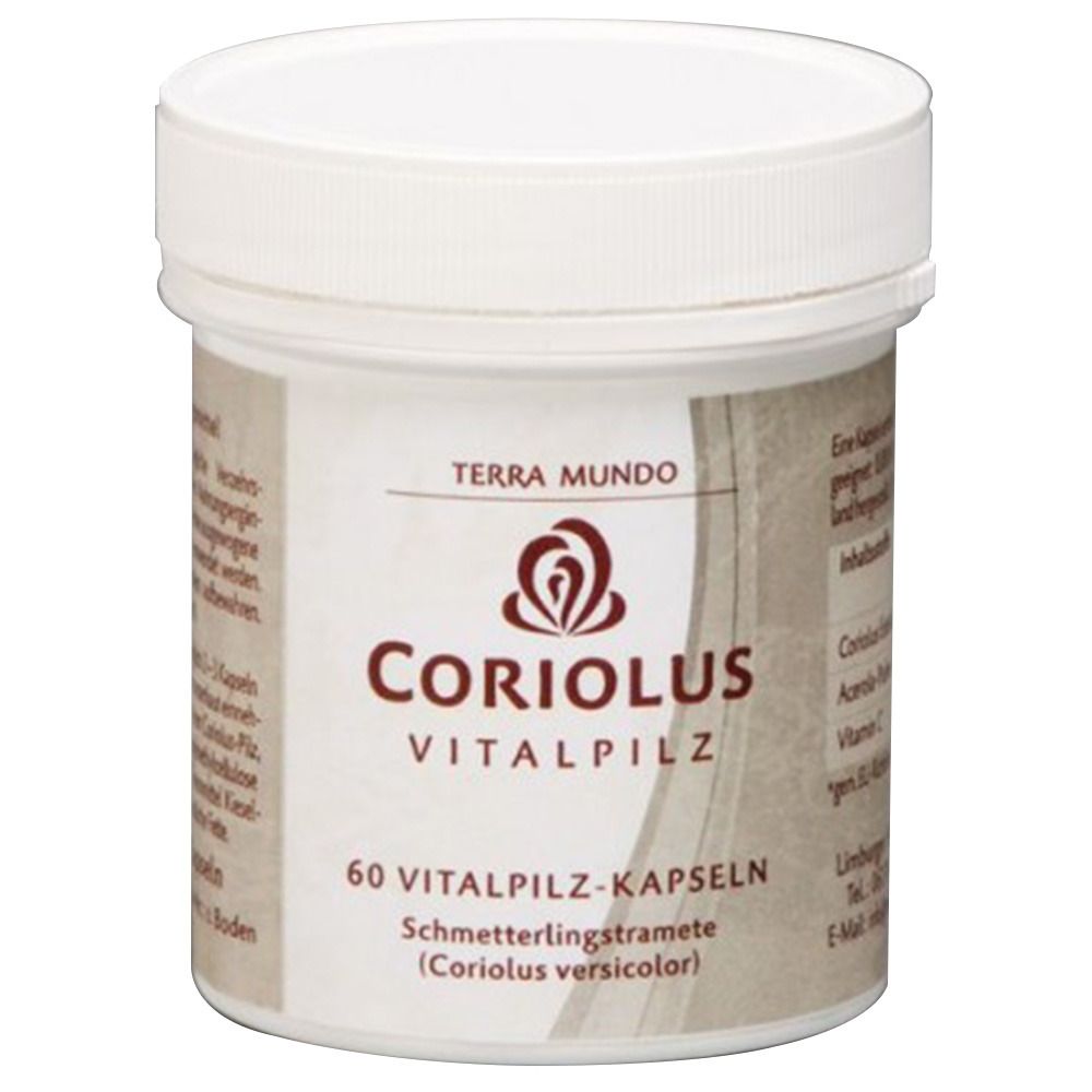 Weißes Behältnis mit Deckel. Aufschrift: Coriolus Vitalpilz, 60 Kapseln. Schmetterlingstramete. Marke Terra Mundo.