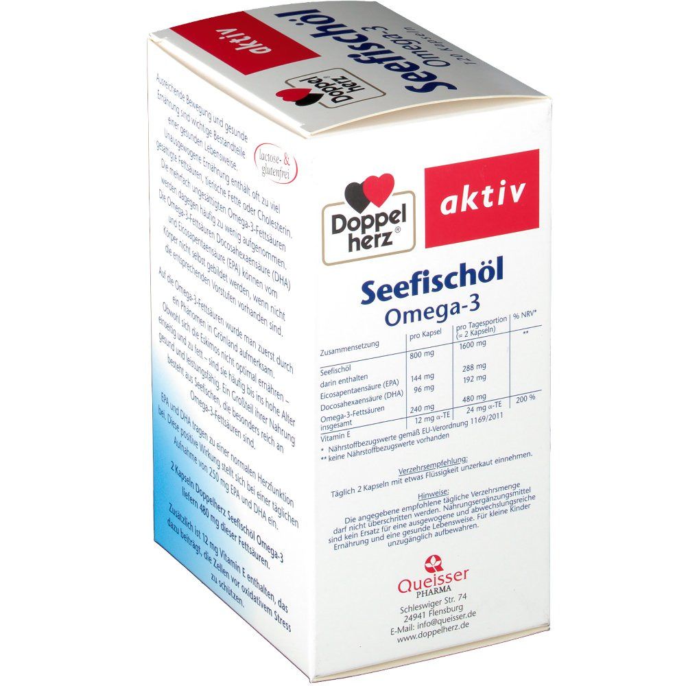 Verpackung Doppelherz aktiv Seefischöl Omega-3. Nährwerttabelle, Text über Inhaltsstoffe. Lactose- und glutenfrei. Queisser Pharma.