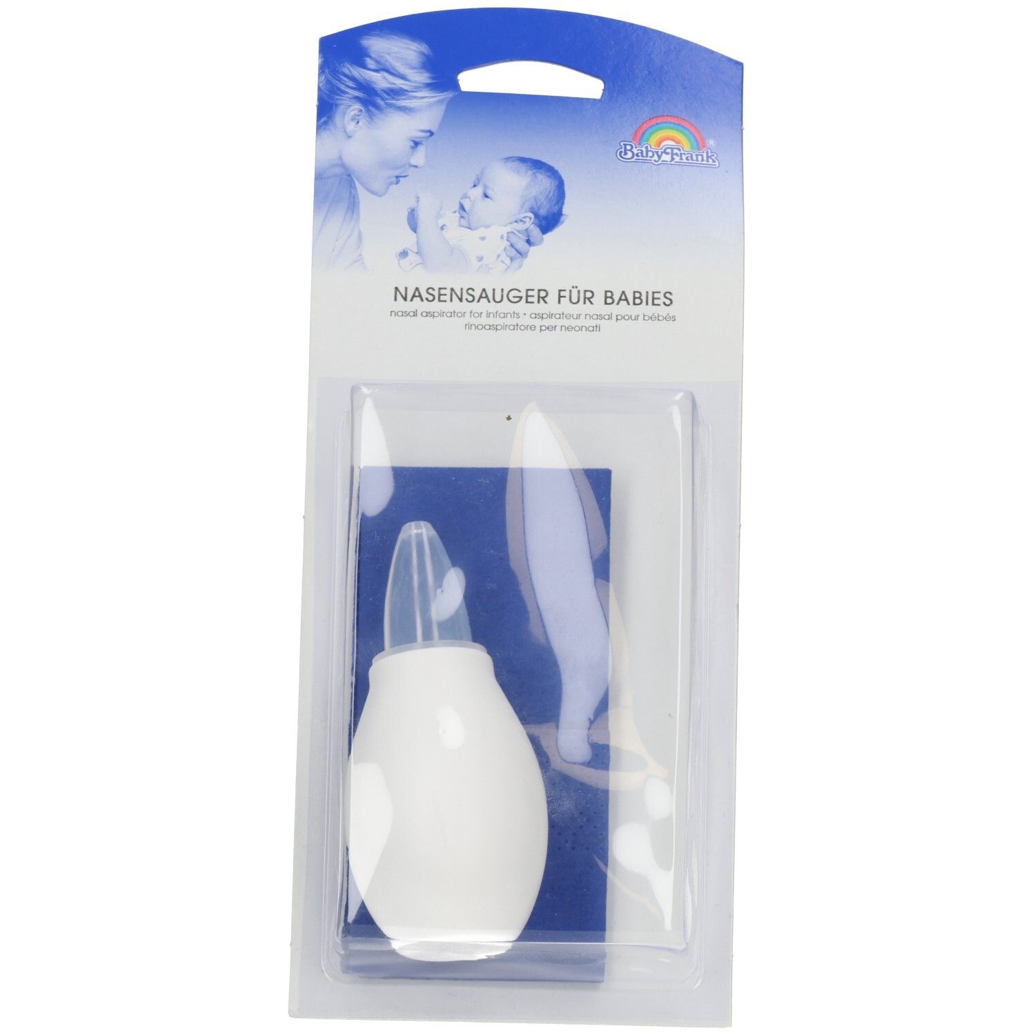 Aspirateur nasal pour bébés dans son emballage. Appareil blanc avec carte bleue. Logo Baby-Frank.
