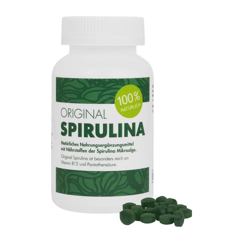 Flacon blanc avec "ORIGINAL SPIRULINA" et comprimés verts à côté. Texte en allemand.