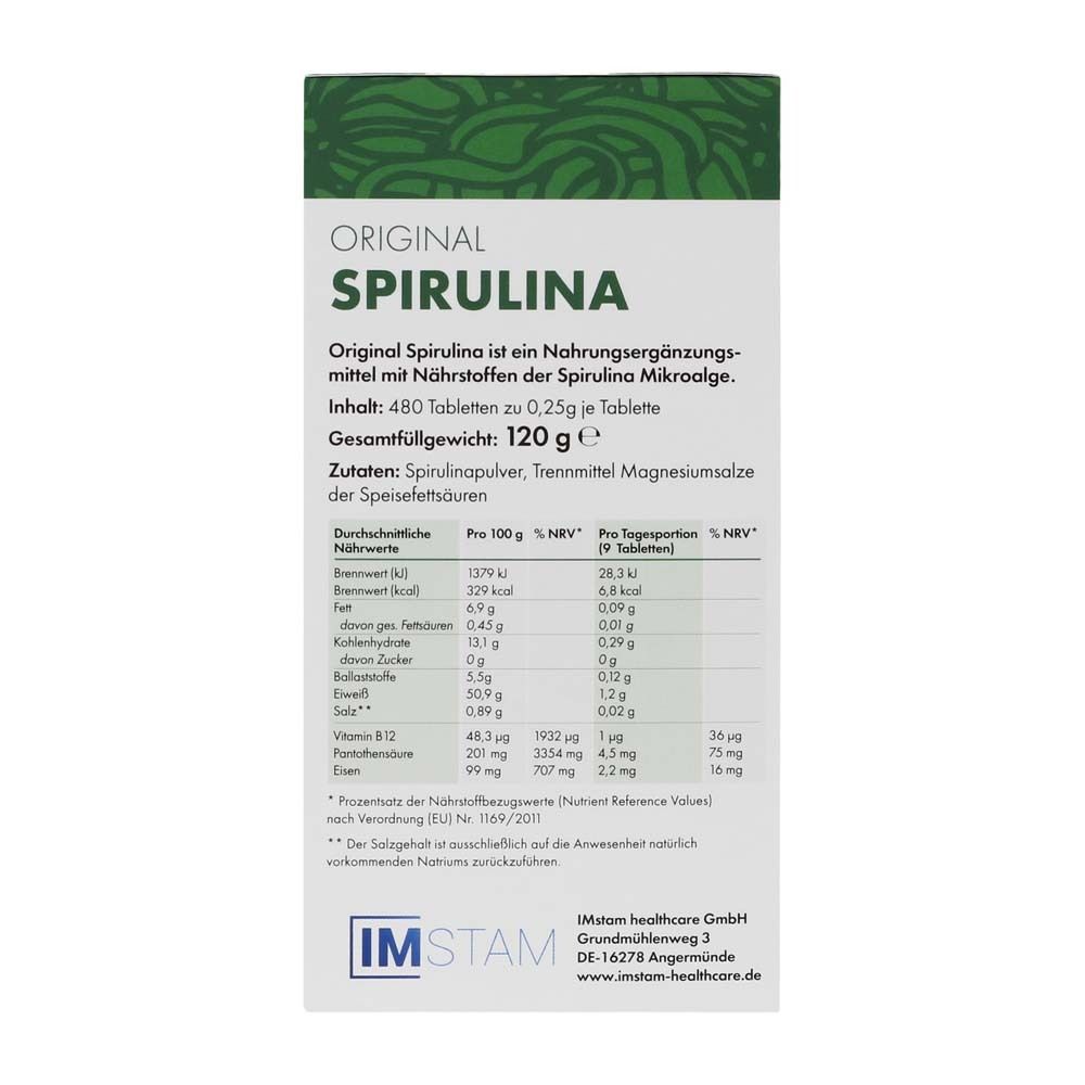 Dos de la boîte avec informations nutritionnelles et texte en allemand. Marque : IMSTAM healthcare.