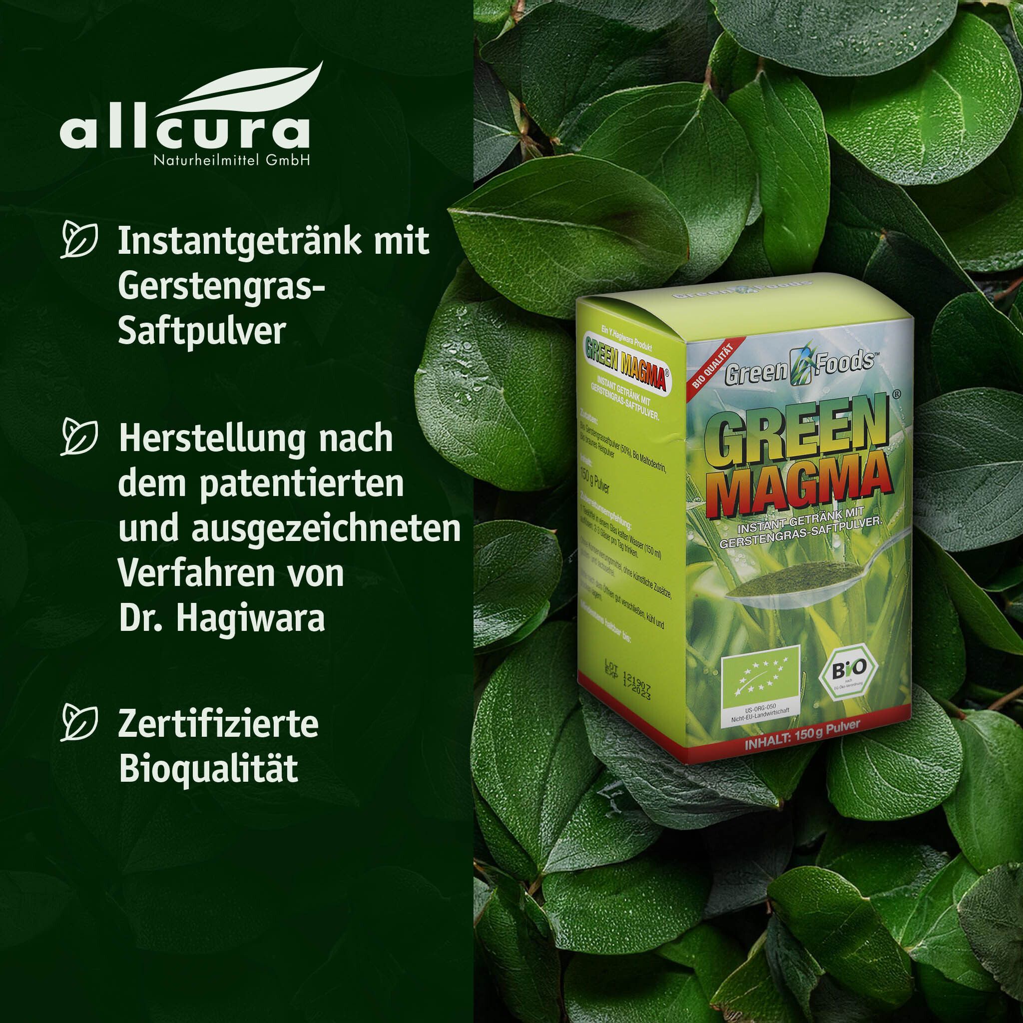 Produit Green Magma dans un environnement vert. Texte : boisson instantanée, qualité bio, Dr. Hagiwara, label bio.