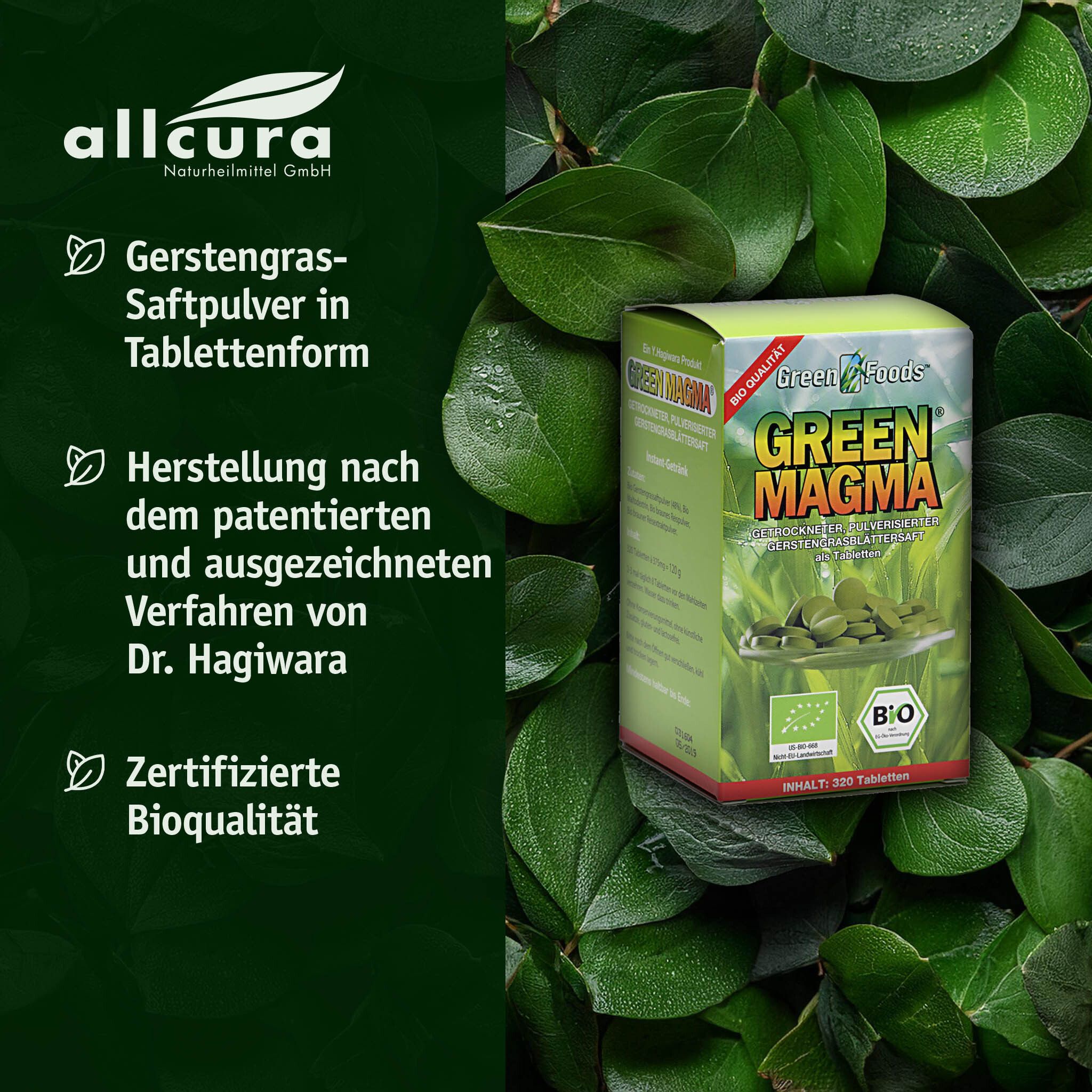 Grüne Magma Tabletten in einer Schachtel. Bio-Qualität. 320 Tabletten. Grün und gelb bedruckt.