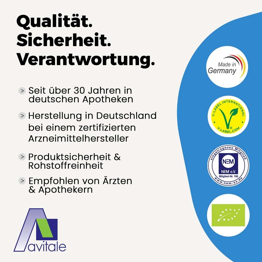 Text: Qualität. Sicherheit. Verantwortung. Logos: Made in Germany, V-Label, NEM, Bio-Siegel.