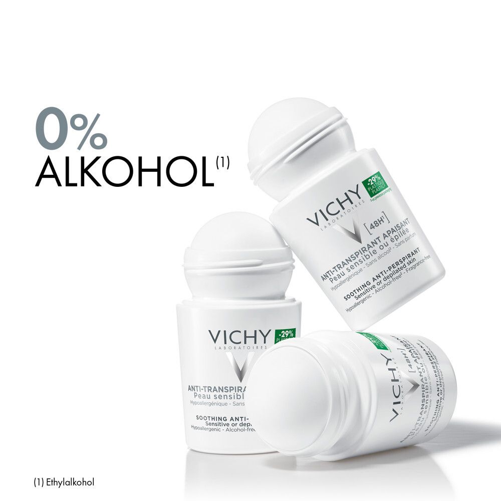 Drei Roll-on-Deos. 0% Alkohol. Vichy-Logo sichtbar. -29% Plastik. Weißer Hintergrund.