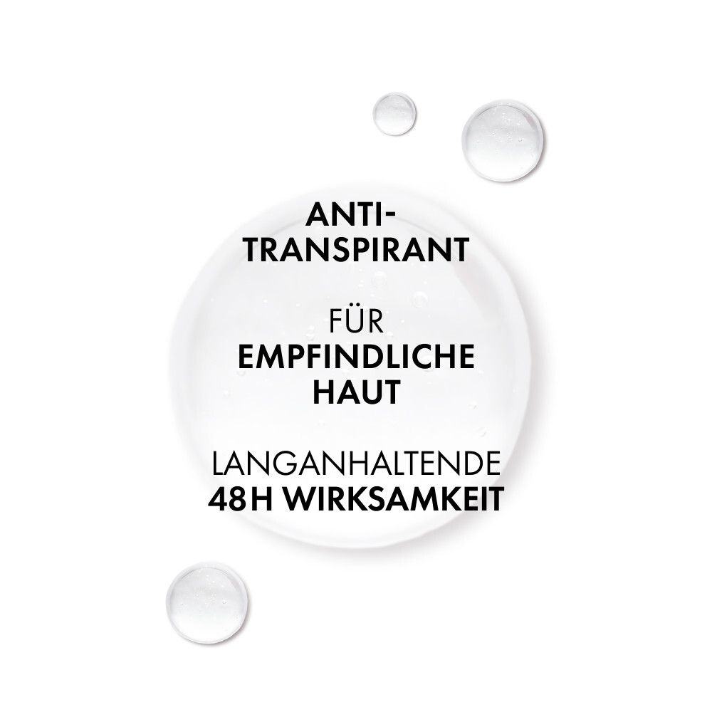 Text auf weißem Hintergrund. Anti-Transpirant für empfindliche Haut. 48h Wirksamkeit.