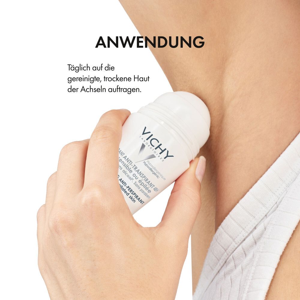 Anwendung: Roll-On-Deodorant wird auf die Achselhöhle aufgetragen. Text: Täglich auf gereinigte, trockene Haut auftragen.
