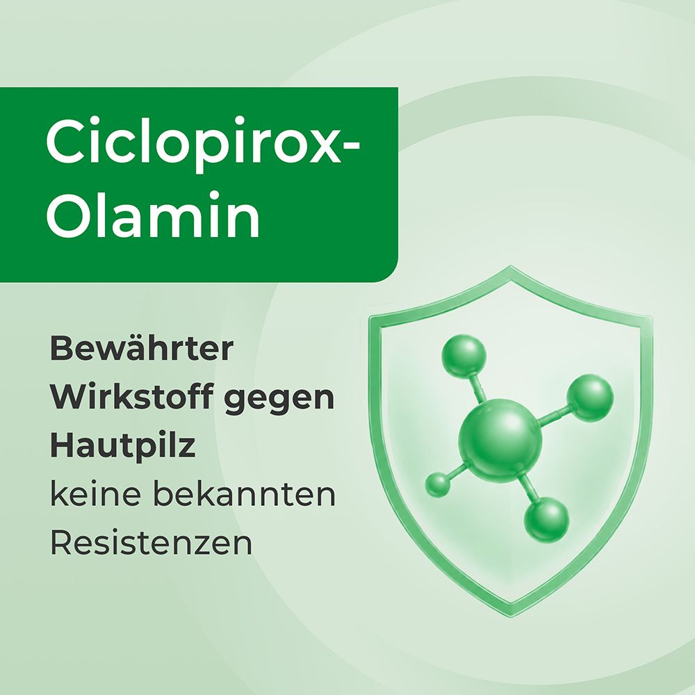 Selergo : Ciclopirox-Olamine, ingrédient actif éprouvé contre les mycoses cutanées sans résistances connues. Symbole de bouclier protecteur.