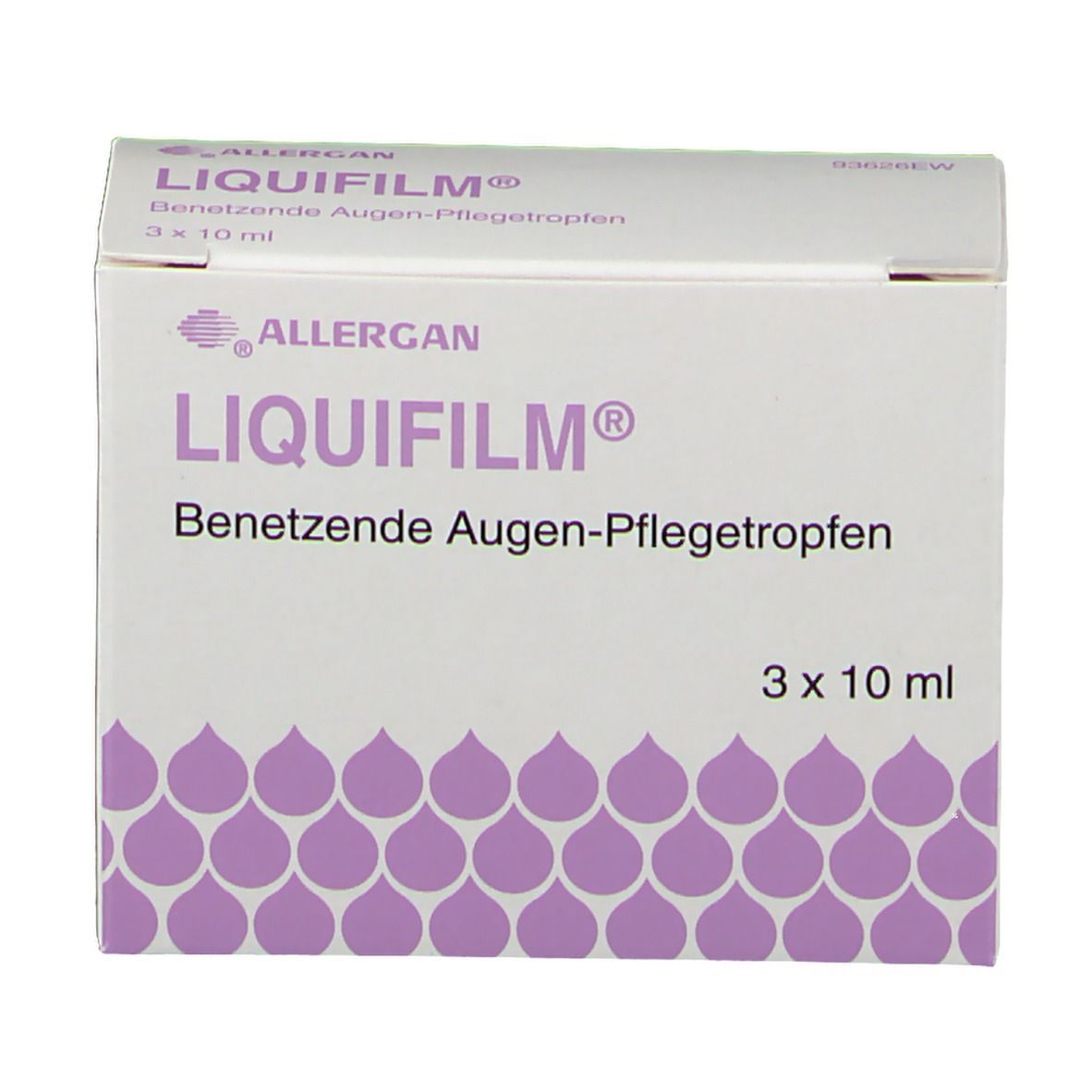 Drei weiße Flaschen LIQUIFILM® Augentropfen. Produktname und Marke deutlich sichtbar. Flaschen mit weißem Verschluss.