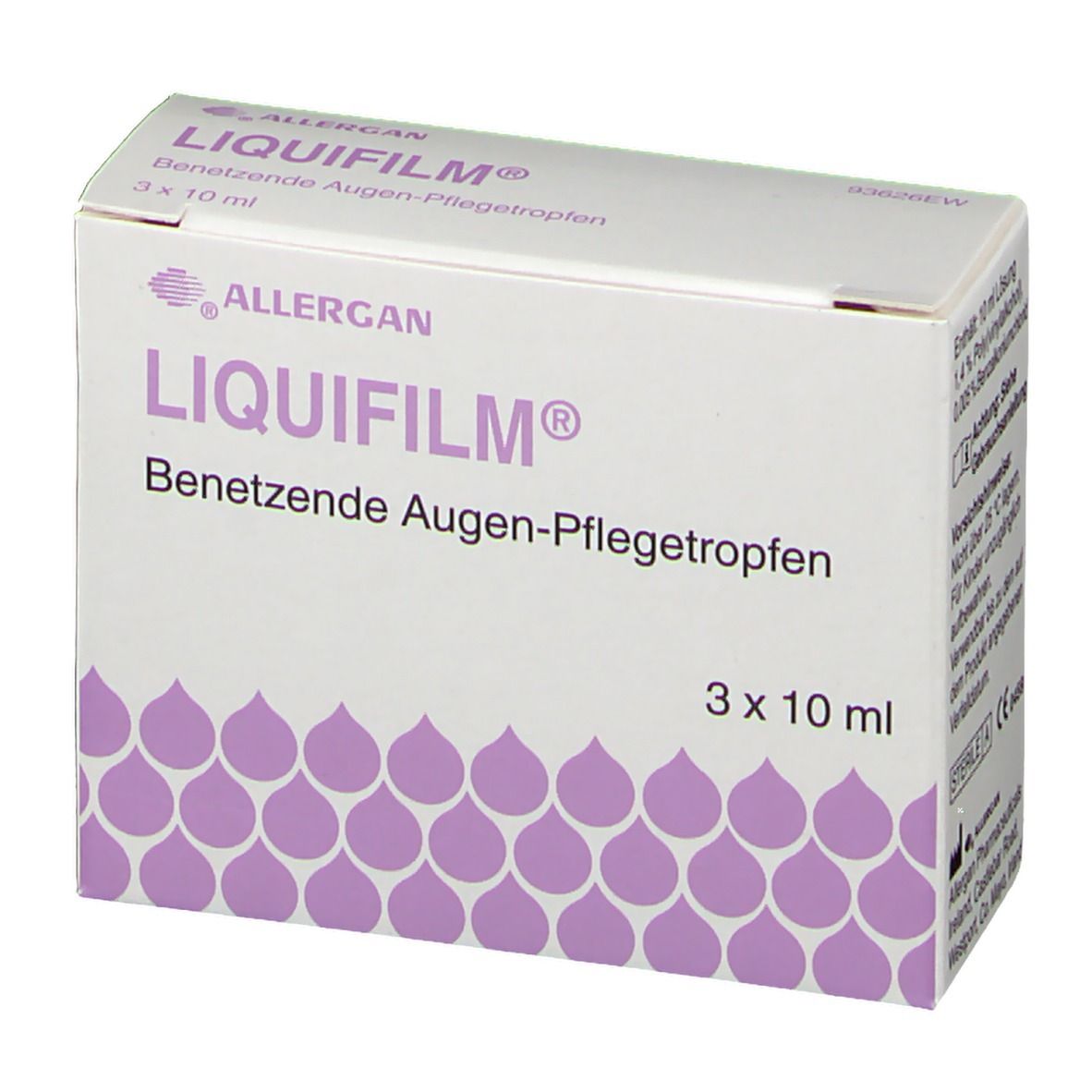 Drei weiße Flaschen LIQUIFILM® Augentropfen. Produktname und Marke deutlich sichtbar. Flaschen mit weißem Verschluss.