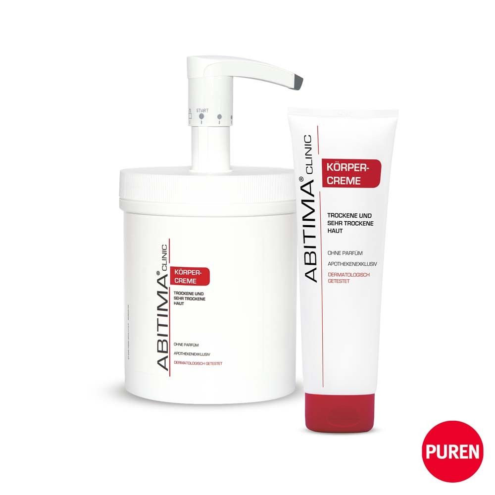 ABITIMA® CLINIC crème pour le corps et distributeur. Distributeur blanc avec pompe et tube. Texte : crème pour le corps, sans parfum, testé dermatologiquement.
