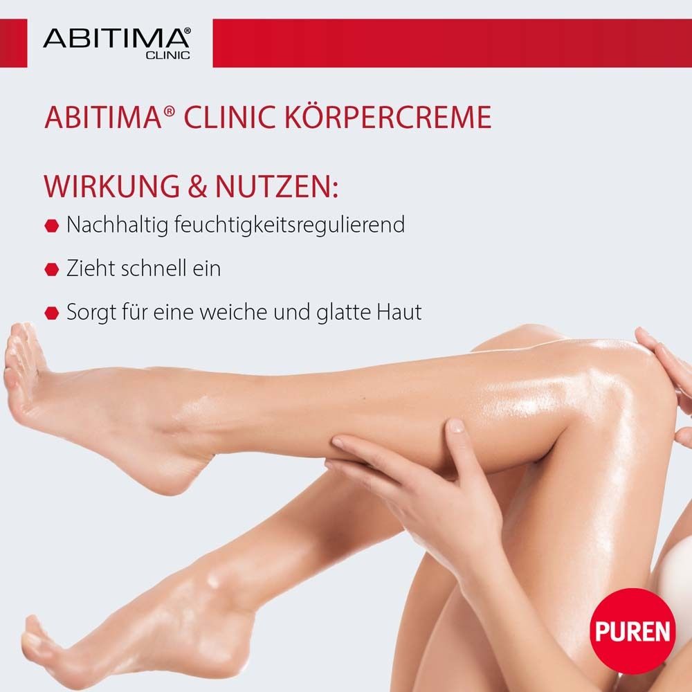 Jambes, enduites de crème pour le corps ABITIMA® CLINIC. La peau brille. Texte : Effets & avantages : régule l'hydratation, absorption rapide, peau douce.