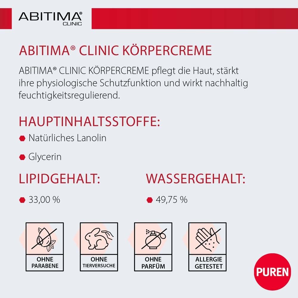 ABITIMA® CLINIC crème pour le corps. Texte : Ingrédients principaux : lanoline, glycérine. Teneur en lipides et en eau. Sans parabènes, parfum, tests animaux.