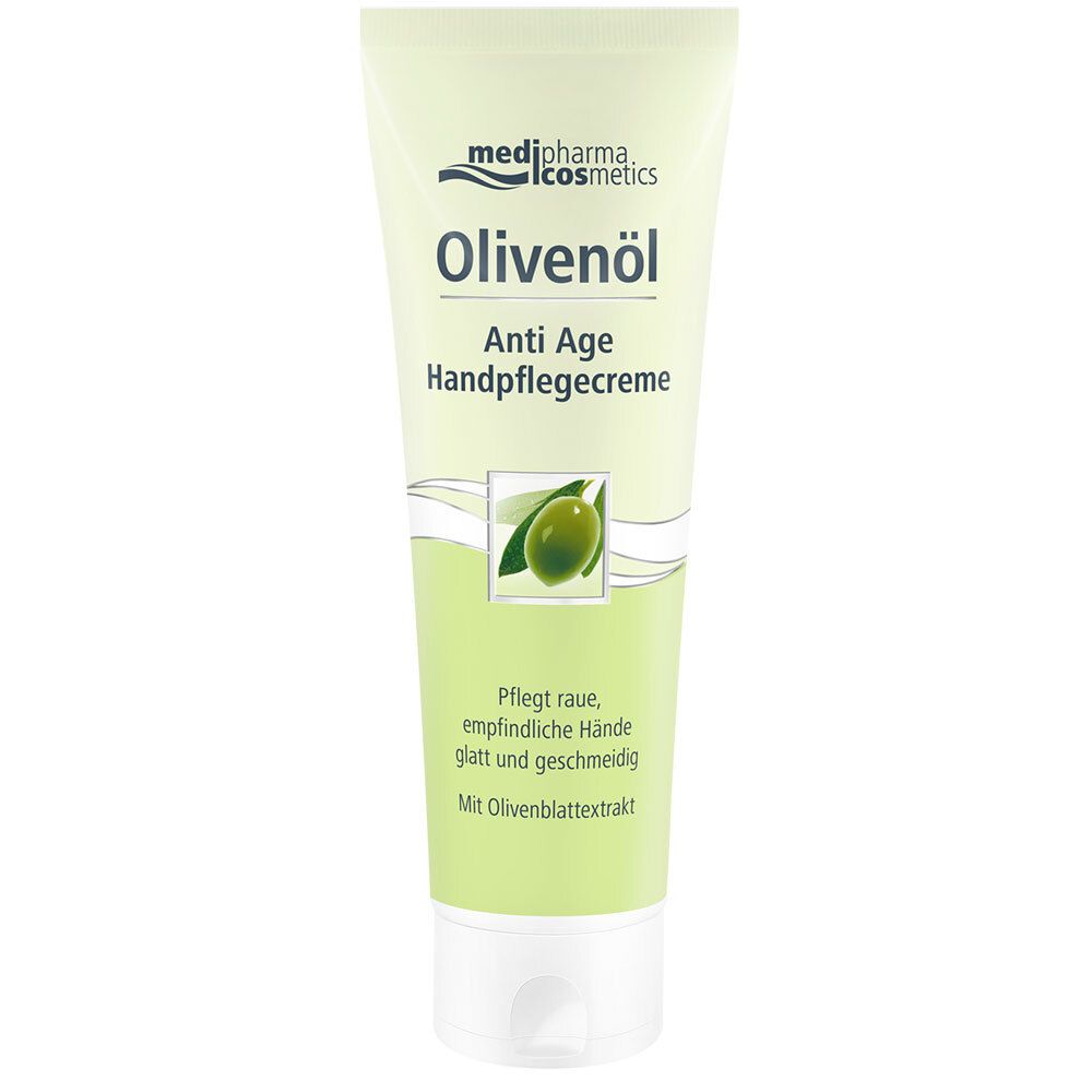 Tube de crème verte et blanche. Inscription : Olivenöl Anti Age Handpflegecreme. Logo et image d'olive. Texte : Soigne les mains rugueuses et sensibles.