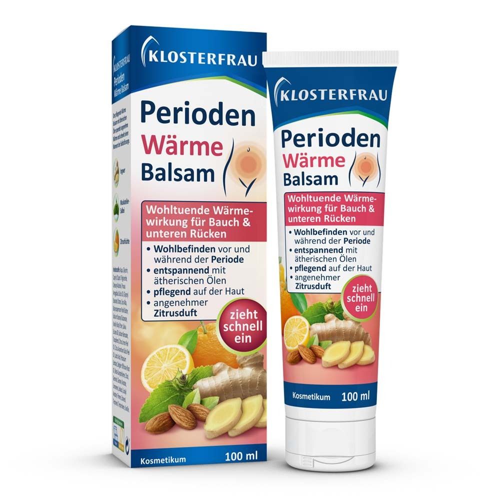 Tube et boîte. Texte: Perioden Wärme Balsam. Illustration: ventre et dos. Ingrédients: citron, gingembre, amandes.