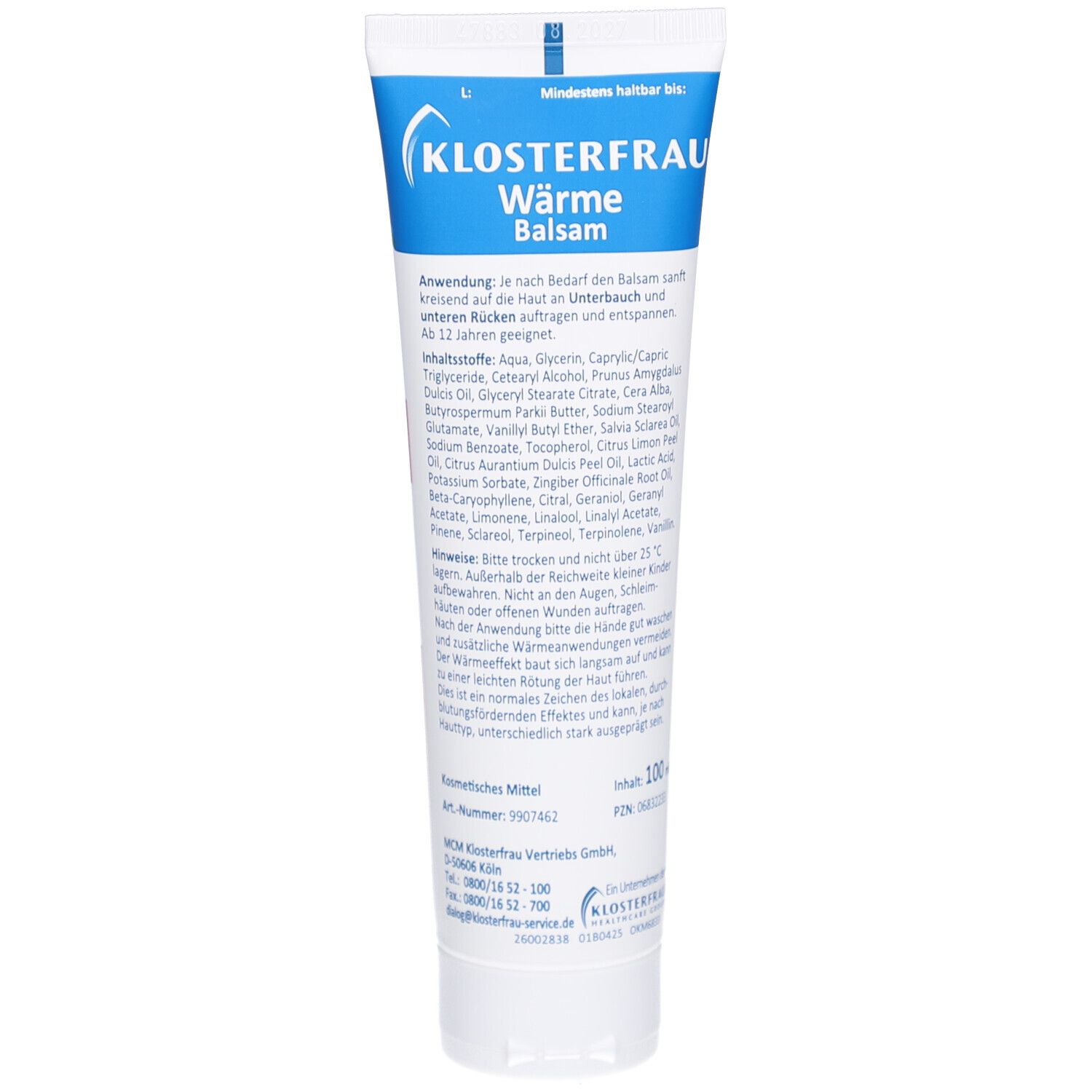 Rückseite der Tube KLOSTERFRAU Perioden Wärme Balsam. Text in deutscher Sprache. Weißer Hintergrund.