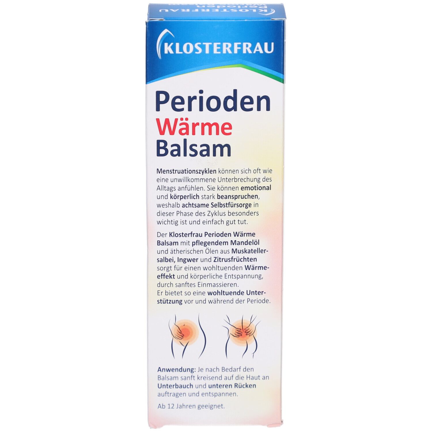 Rückseite der Schachtel KLOSTERFRAU Perioden Wärme Balsam. Text in deutscher Sprache. Weißer Hintergrund.