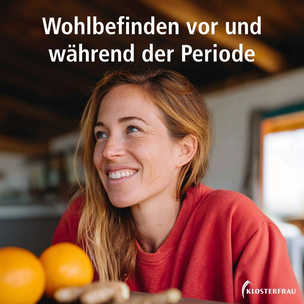 Femme souriante. Texte: Bien-être avant et pendant les règles. Oranges et gingembre sur la table.
