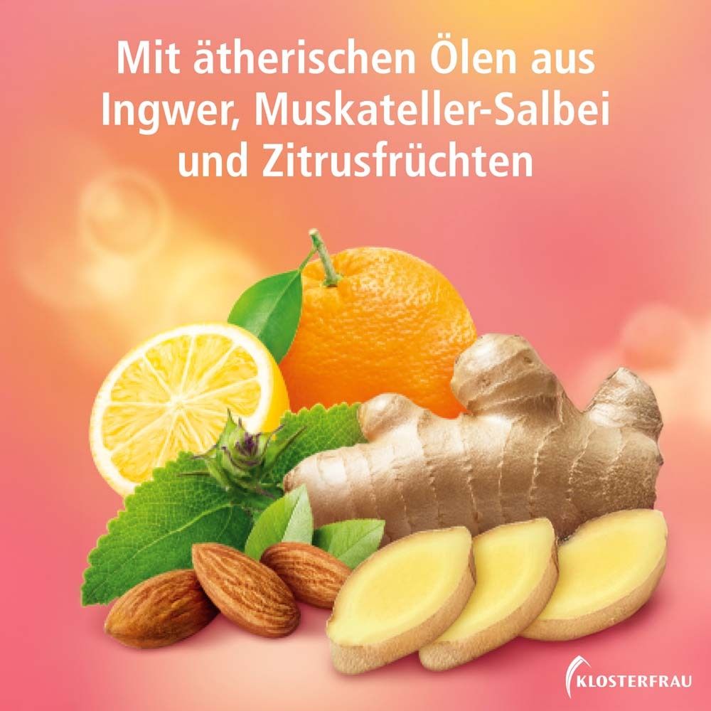 Ingrédients: gingembre, sauge sclarée, agrumes. Illustration: citron, orange, gingembre, amandes, feuilles.